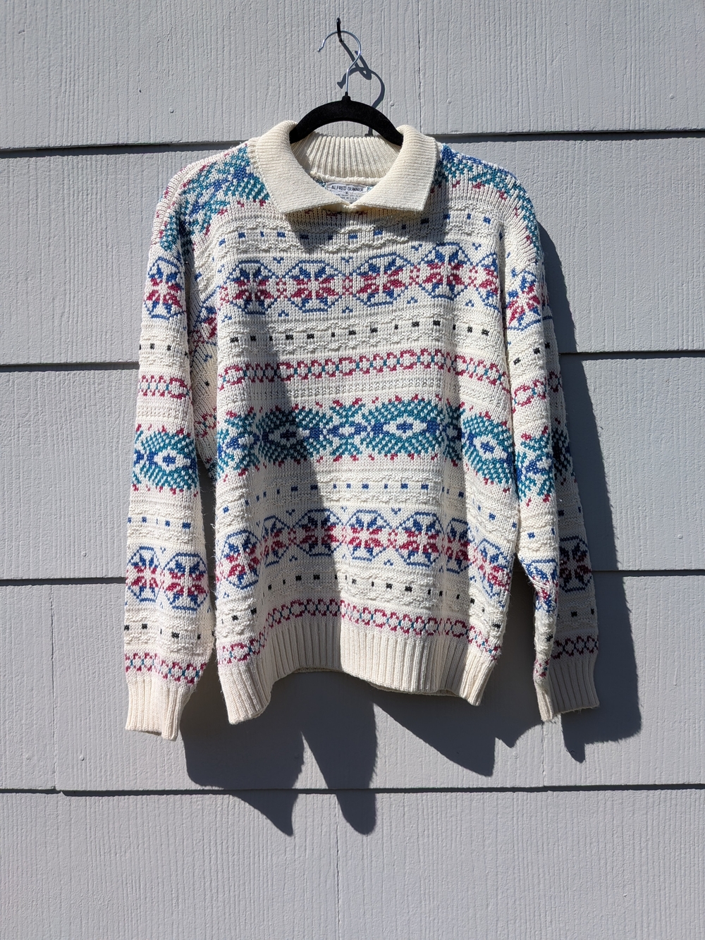 Women's Alfred Dunner Cream Crewneck Sweater with Blue and Red Accents